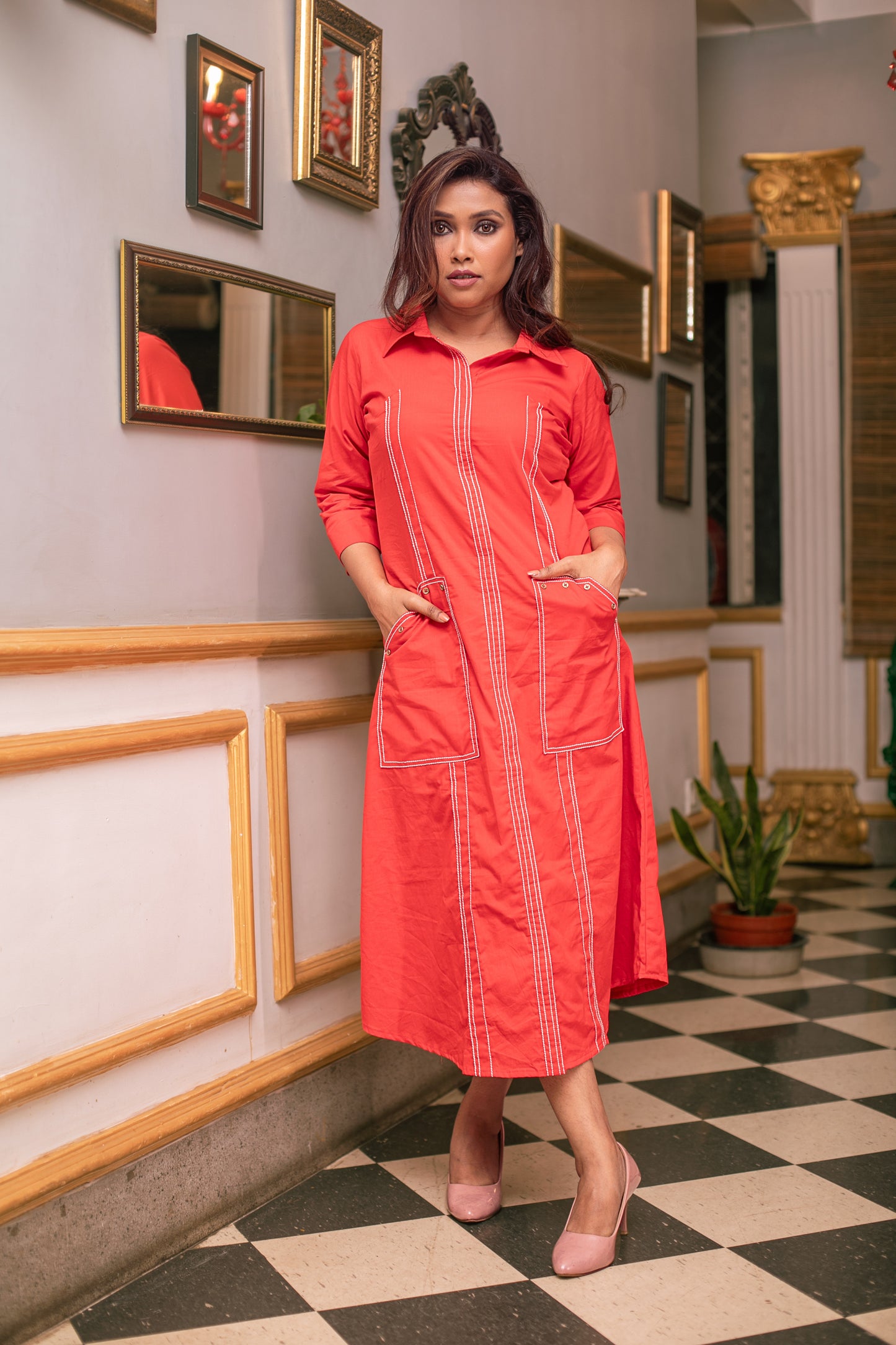 TOMATO RED THREAD ANCHORED ALINE DRESS