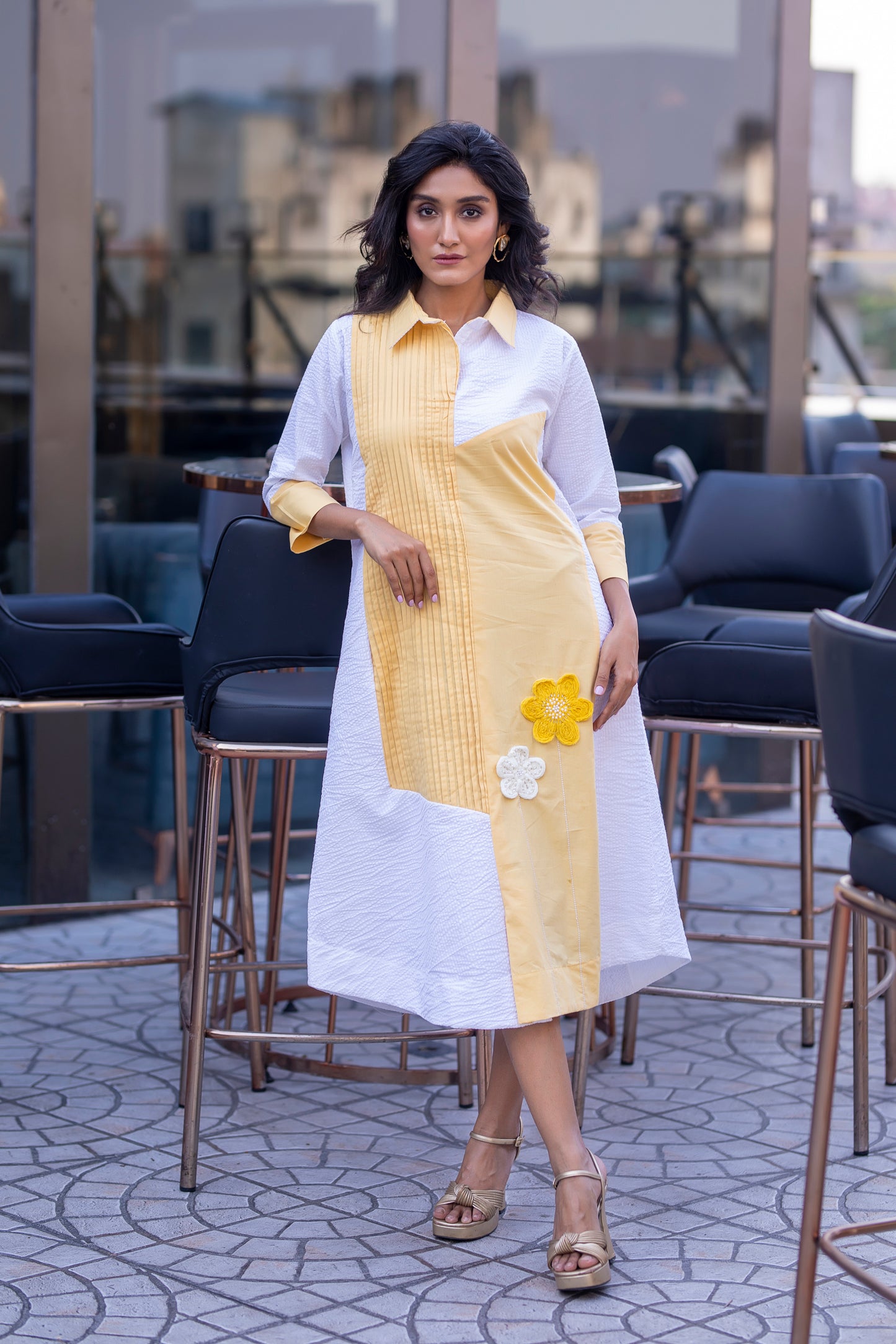 YELLOW AND WHITE ONE SIDE PLEATED ALINE DRESS