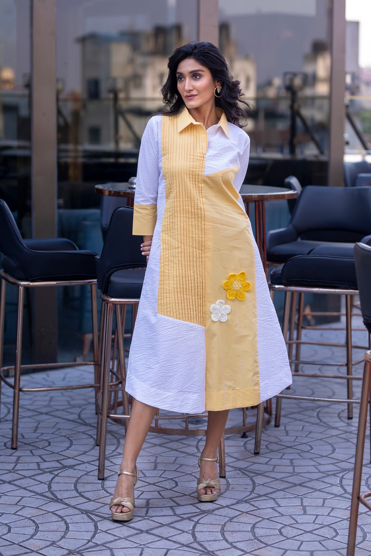 YELLOW AND WHITE ONE SIDE PLEATED ALINE DRESS