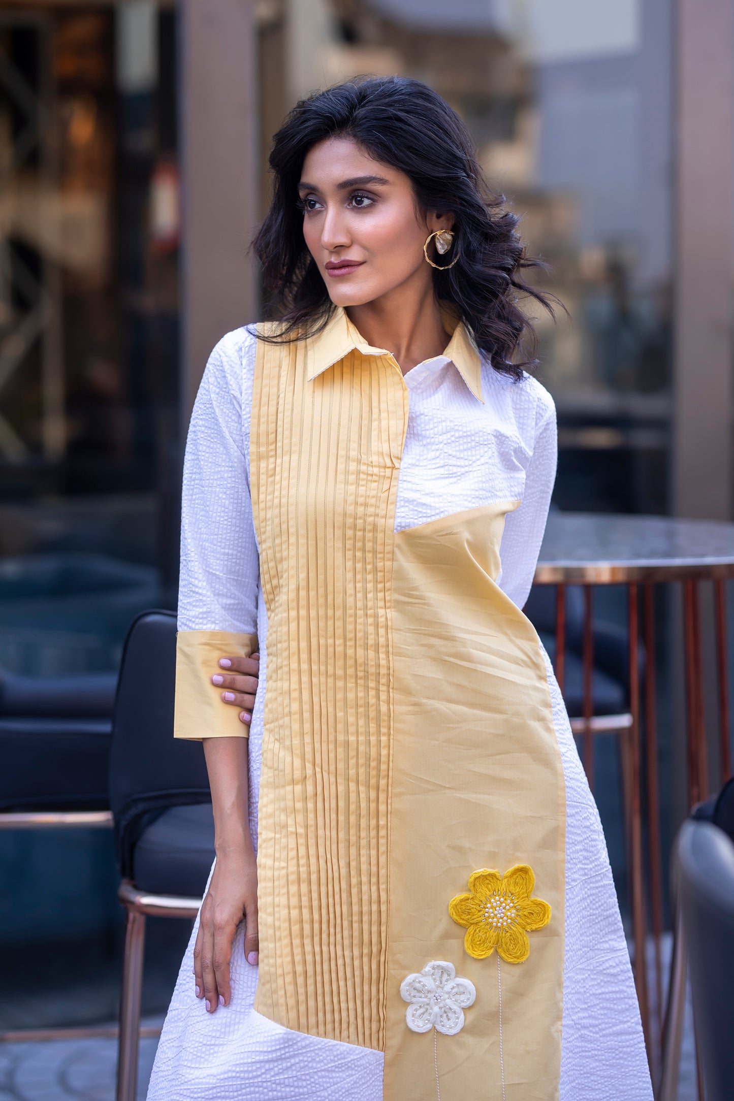 YELLOW AND WHITE ONE SIDE PLEATED ALINE DRESS