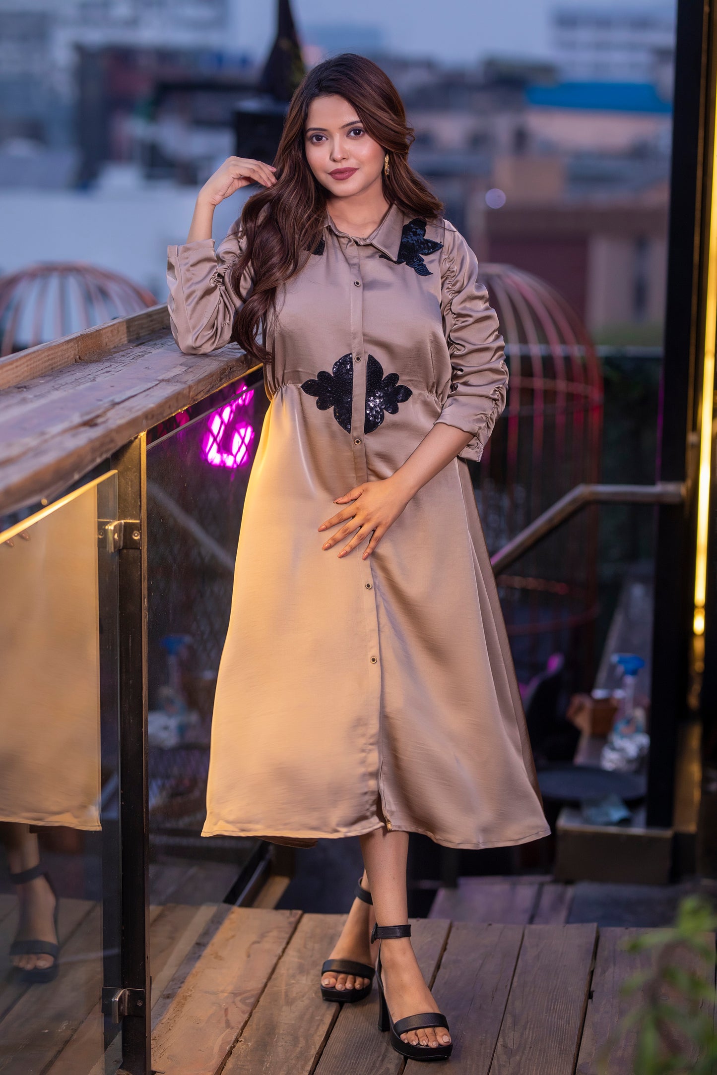 BEIGE SATIN SEQUENCED ALINE DRESS