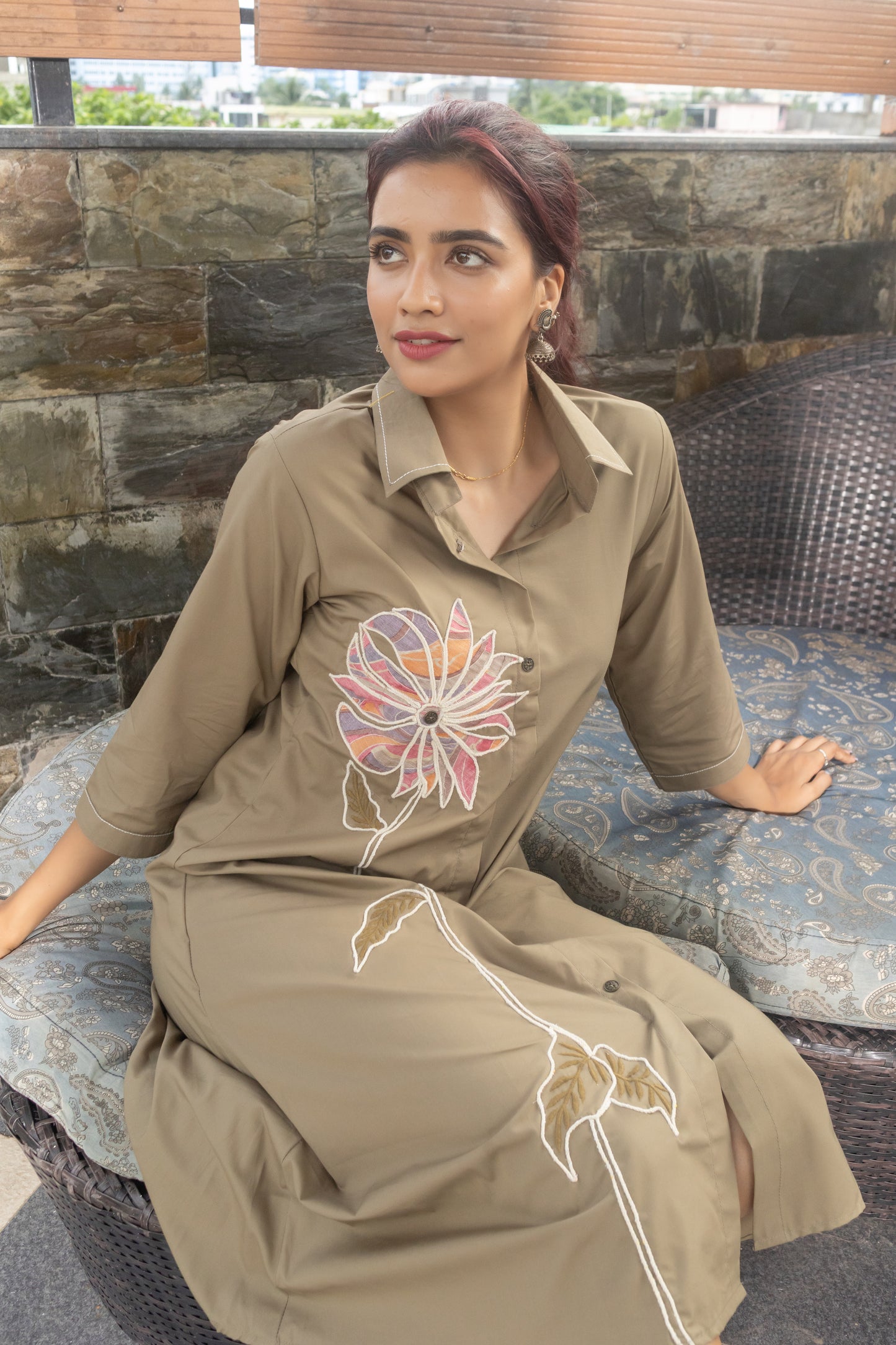 OLIVE GREEN APPLIQUE ALINE DRESS