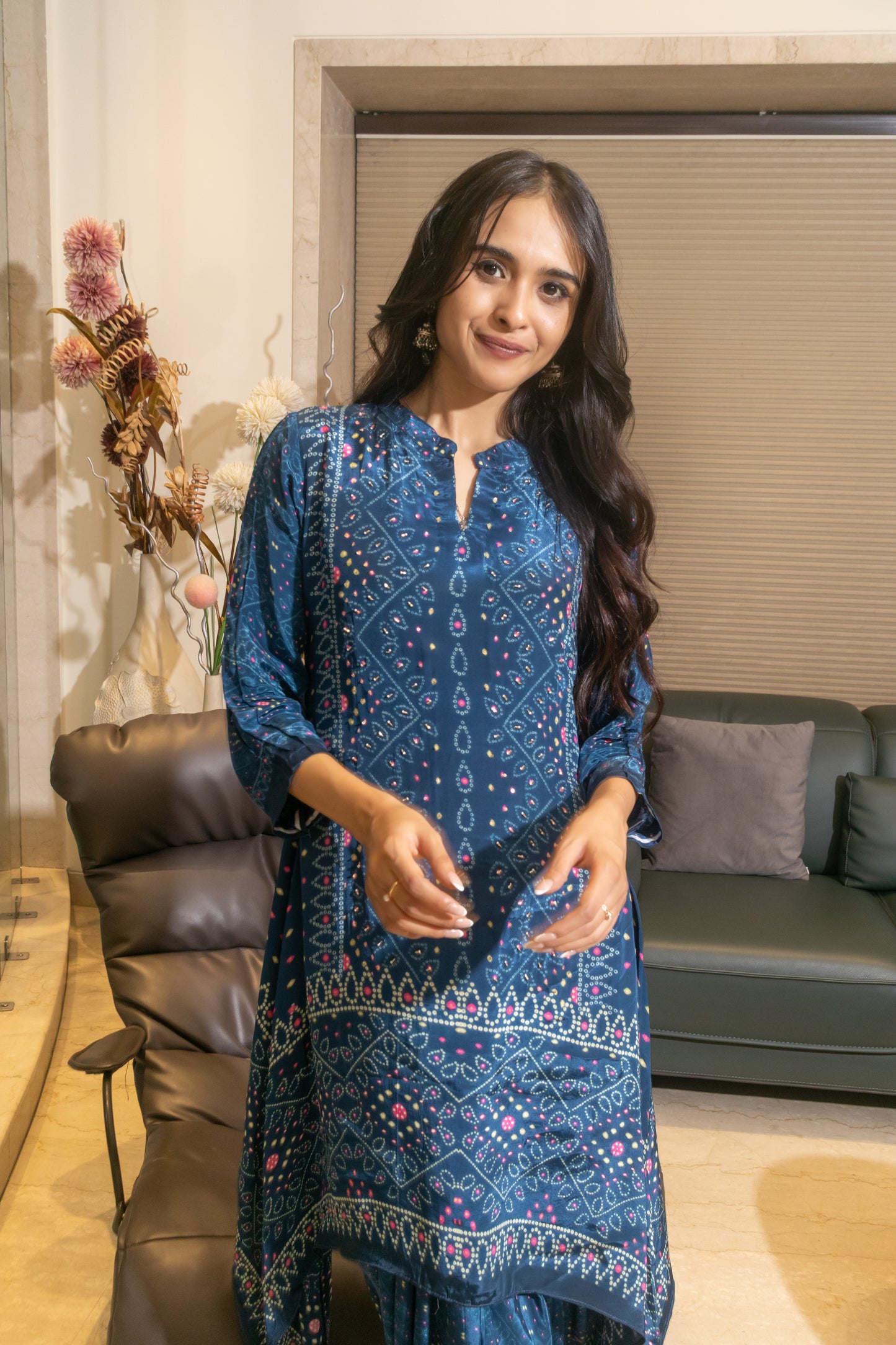 BLUE DIGITAL PRINTED TALE CUT CO-ORD SET