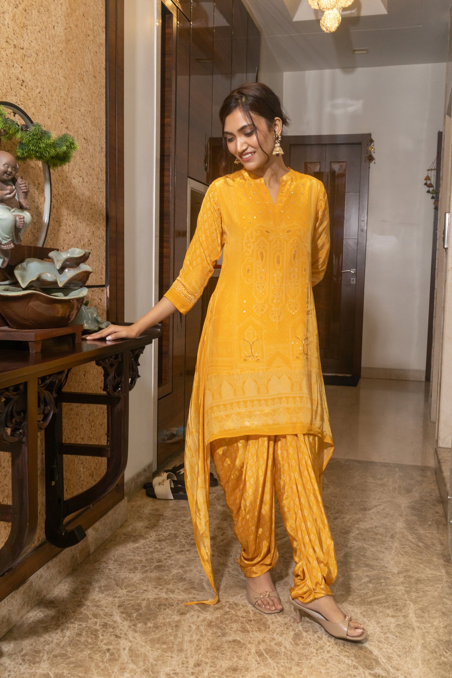 YELLOW DIGITAL PRINTED TALE CUT CO-ORD SET