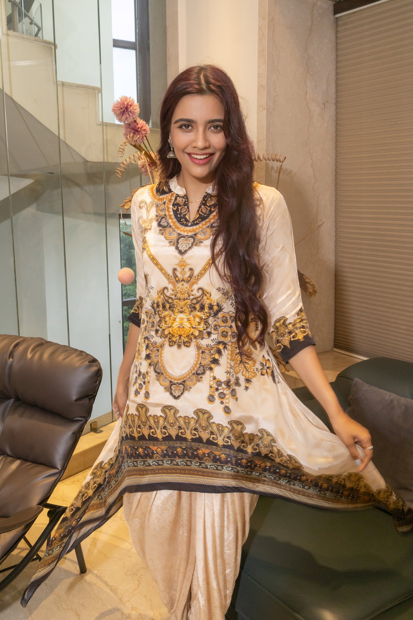 CREAM DIGITAL PRINTED TALE CUT CO-ORD SET