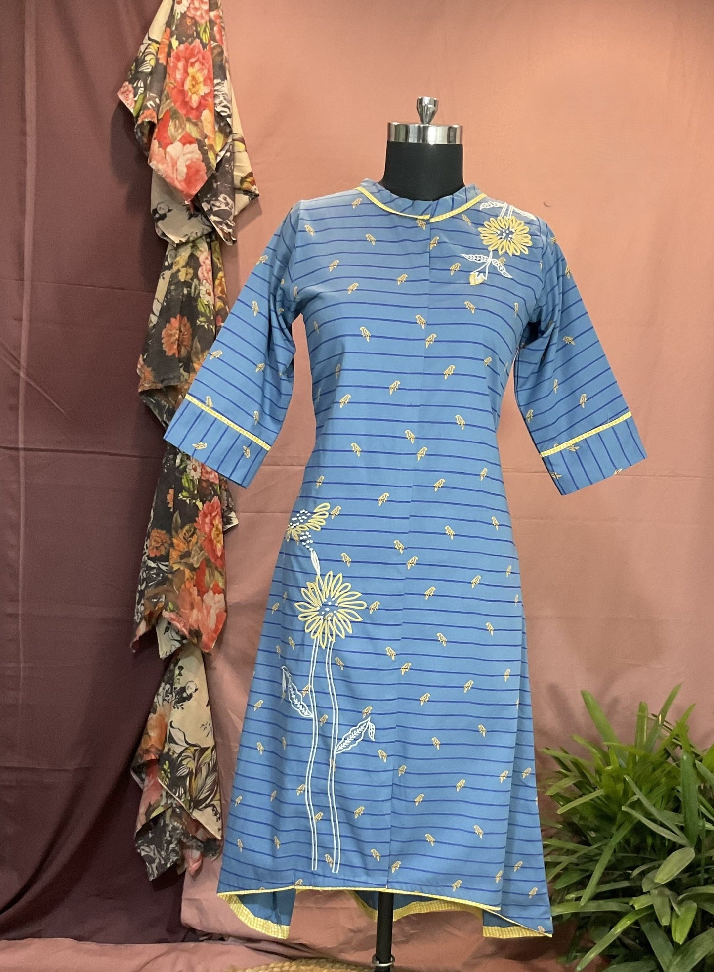 BLUE THREAD EMBROIDERED ALINE DRESS