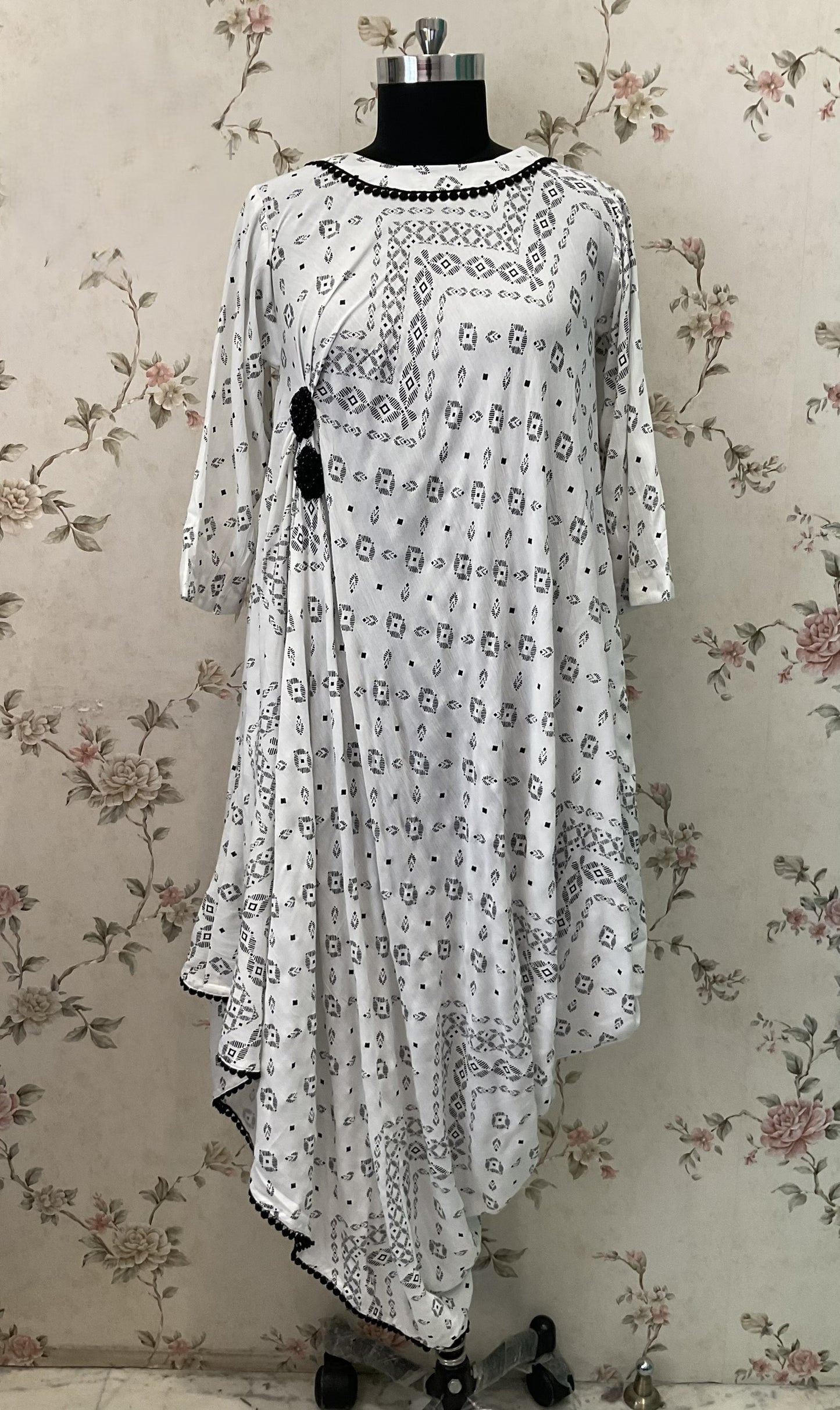 WHITE COWL PATTERN ALINE DRESS