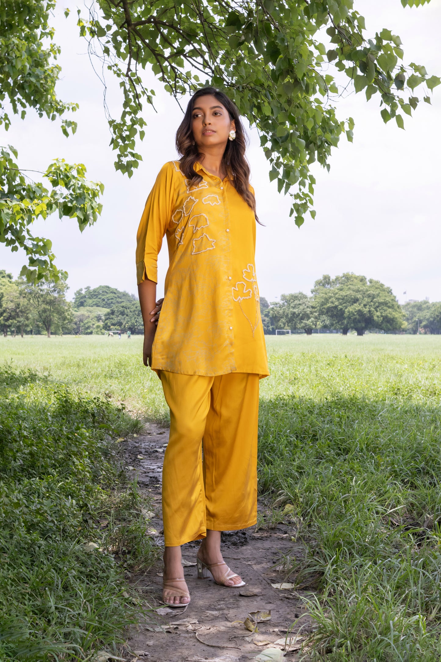 MUSTARD SATIN BEADS CO-ORD SET