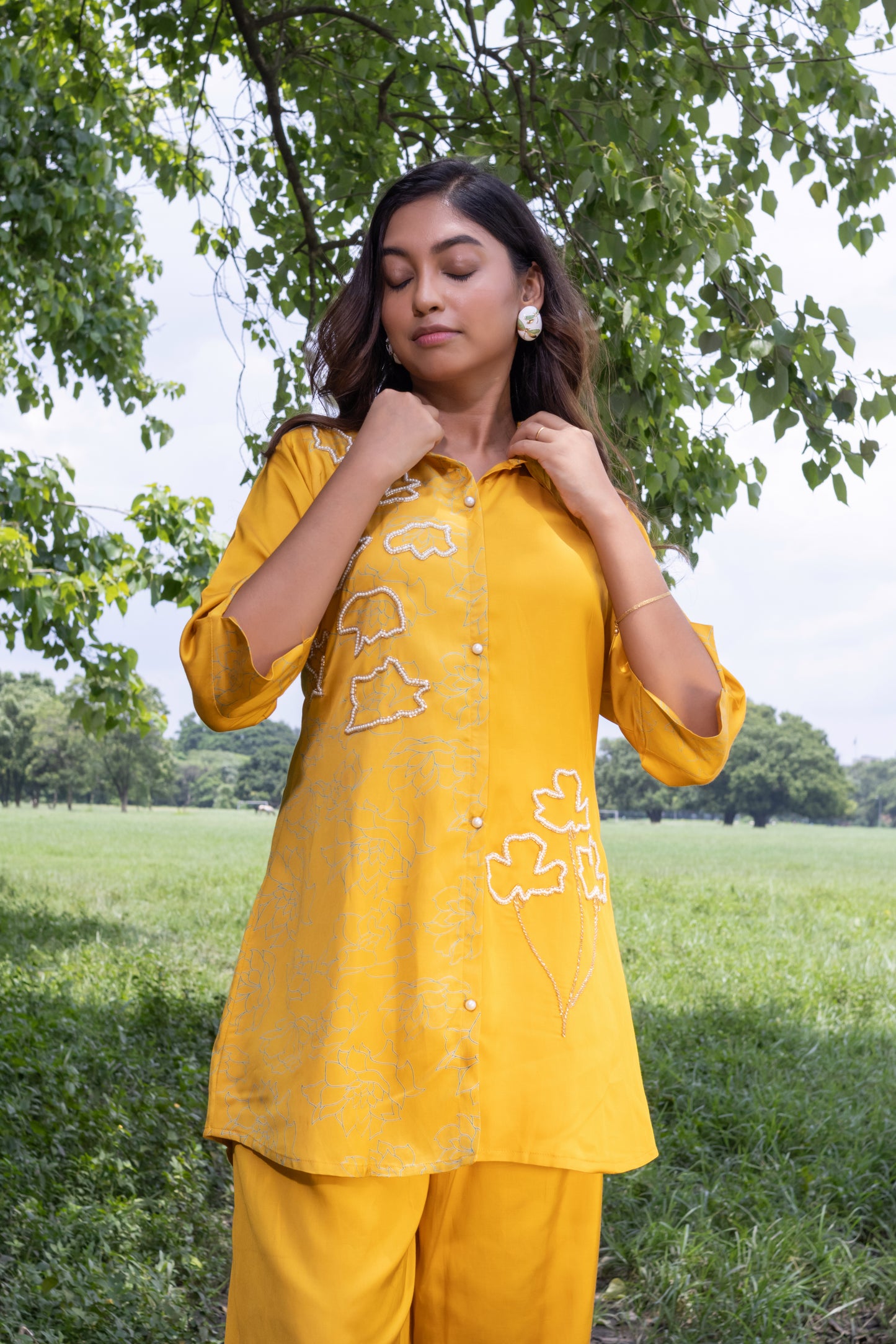 MUSTARD SATIN BEADS CO-ORD SET