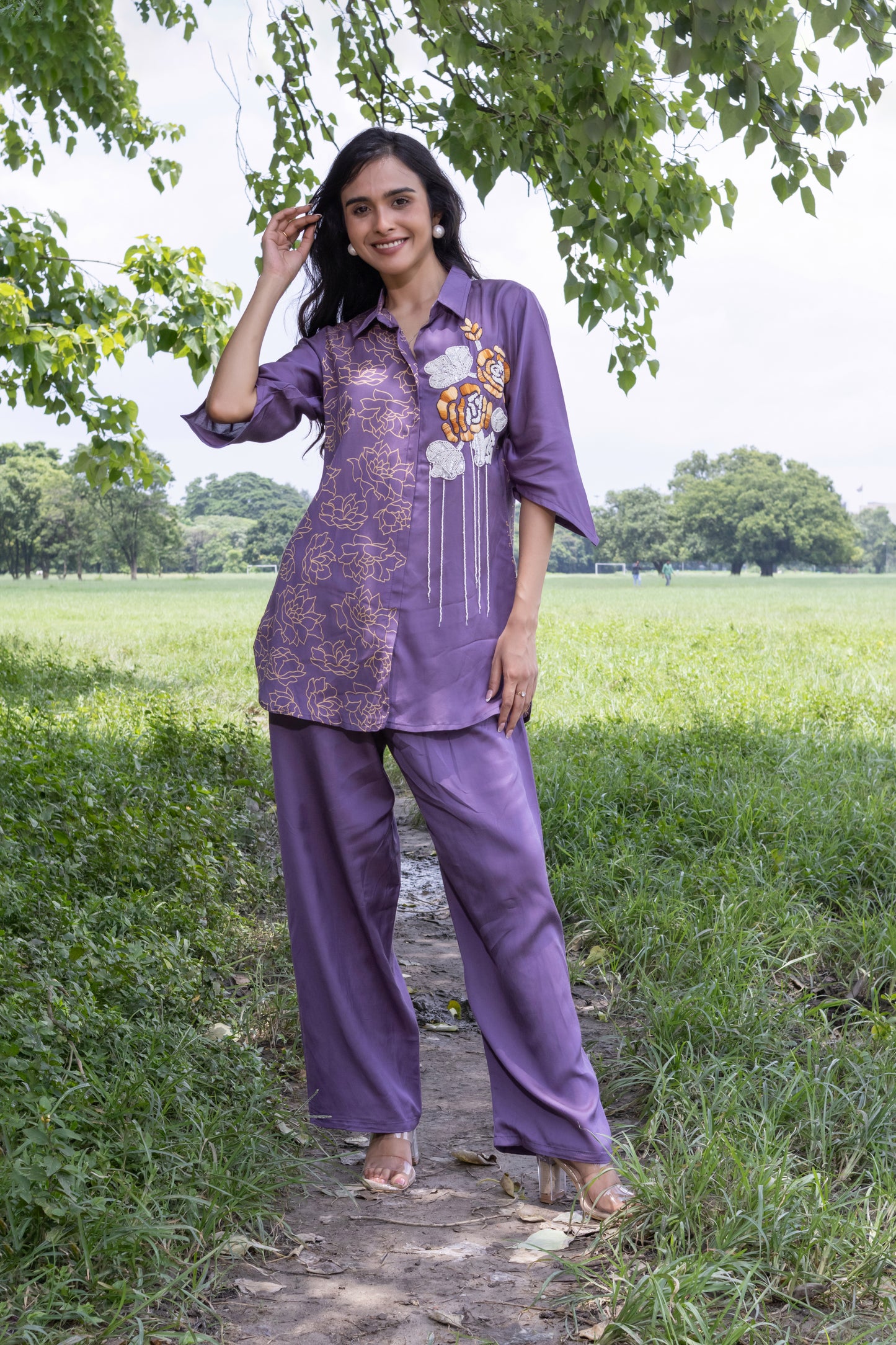 PURPLE SATIN HEAVY EMBROIDERED CO-ORD SET
