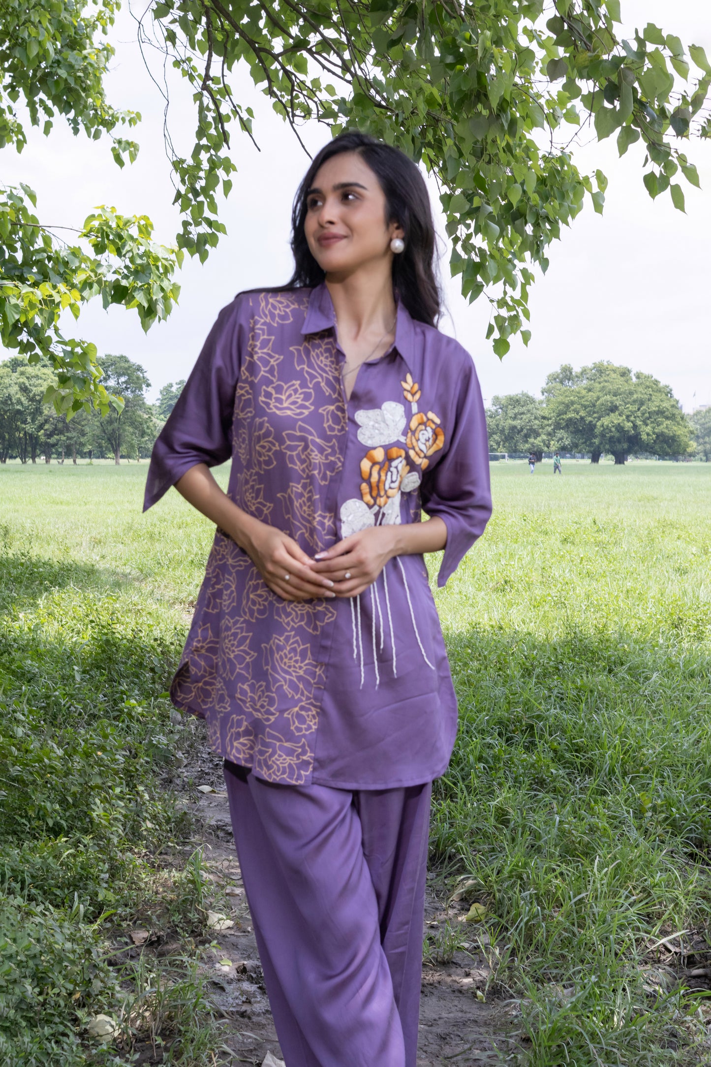 PURPLE SATIN HEAVY EMBROIDERED CO-ORD SET
