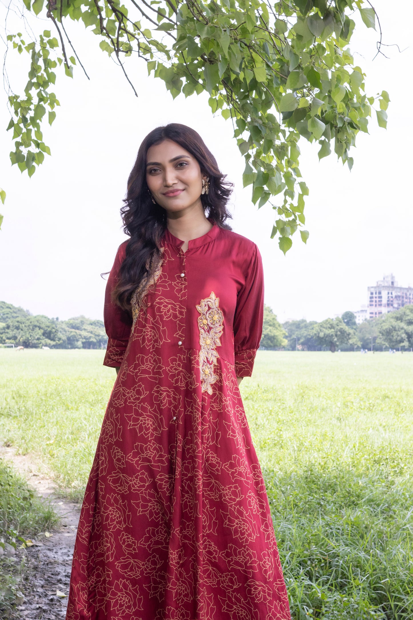 MAROON SATIN EMBROIDERED PATCH KURTA PANT