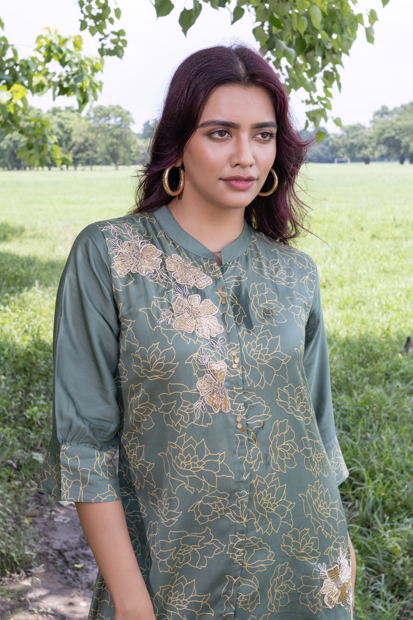 GREEN PRINTED CUTDANA EMBROIDERED CO-ORD SET
