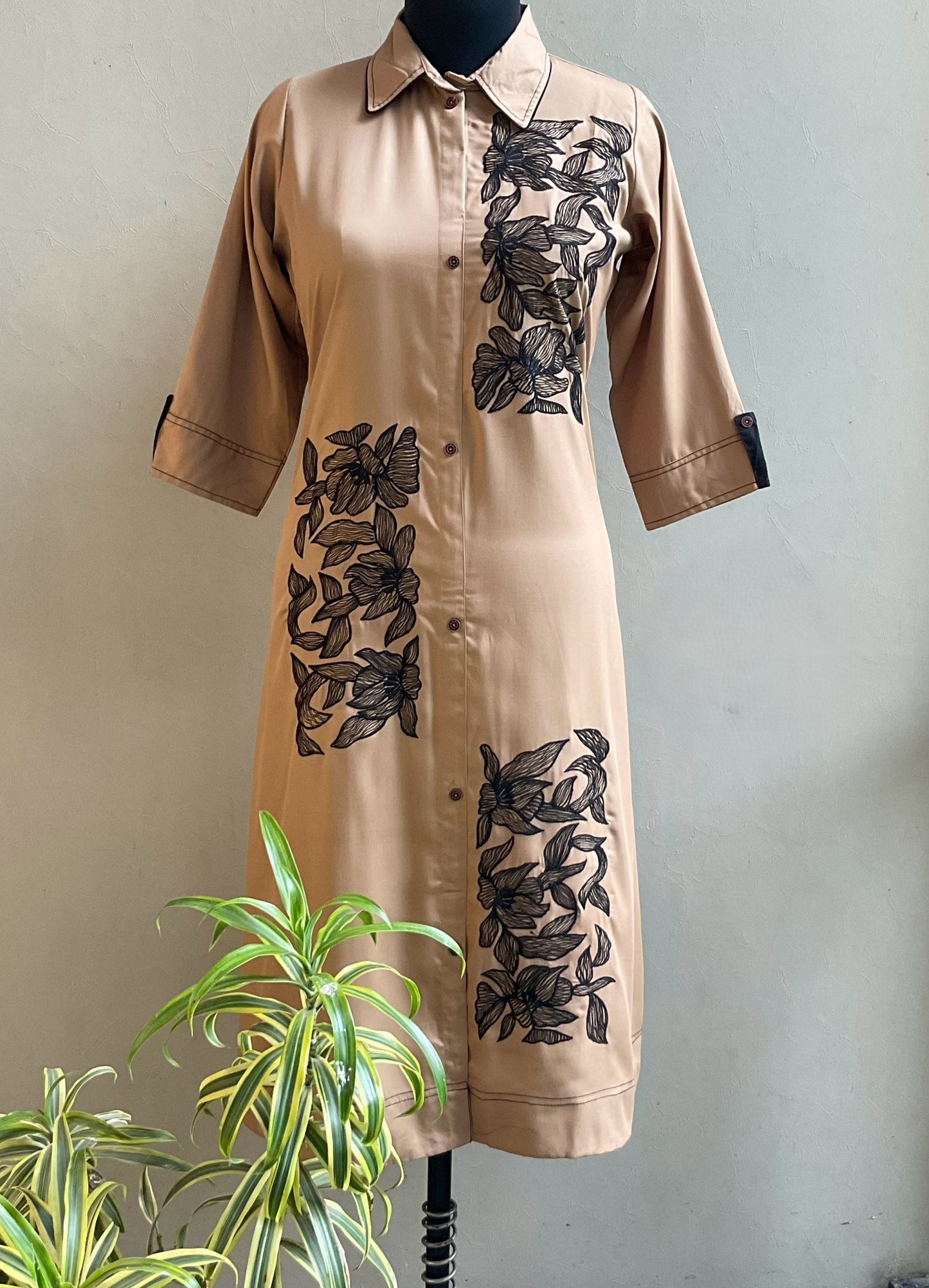 DARK BEIGE FLORAL THREAD EMBROIDERED ALINE DRESS