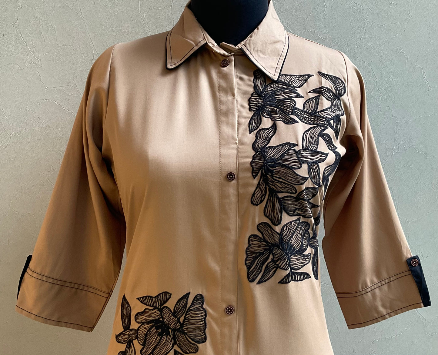 DARK BEIGE FLORAL THREAD EMBROIDERED ALINE DRESS