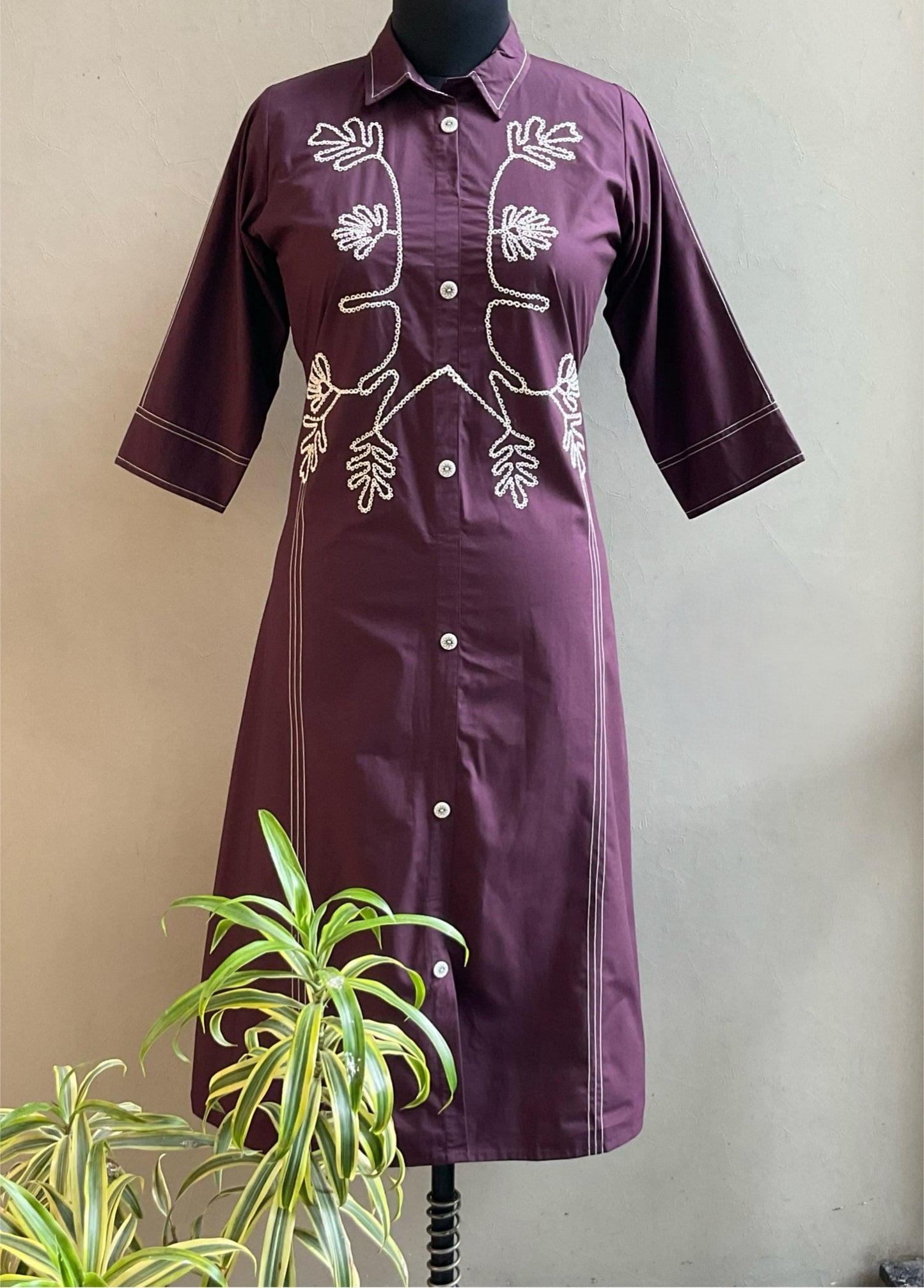 WINE THREAD EMBROIDERED ALINE DRESS