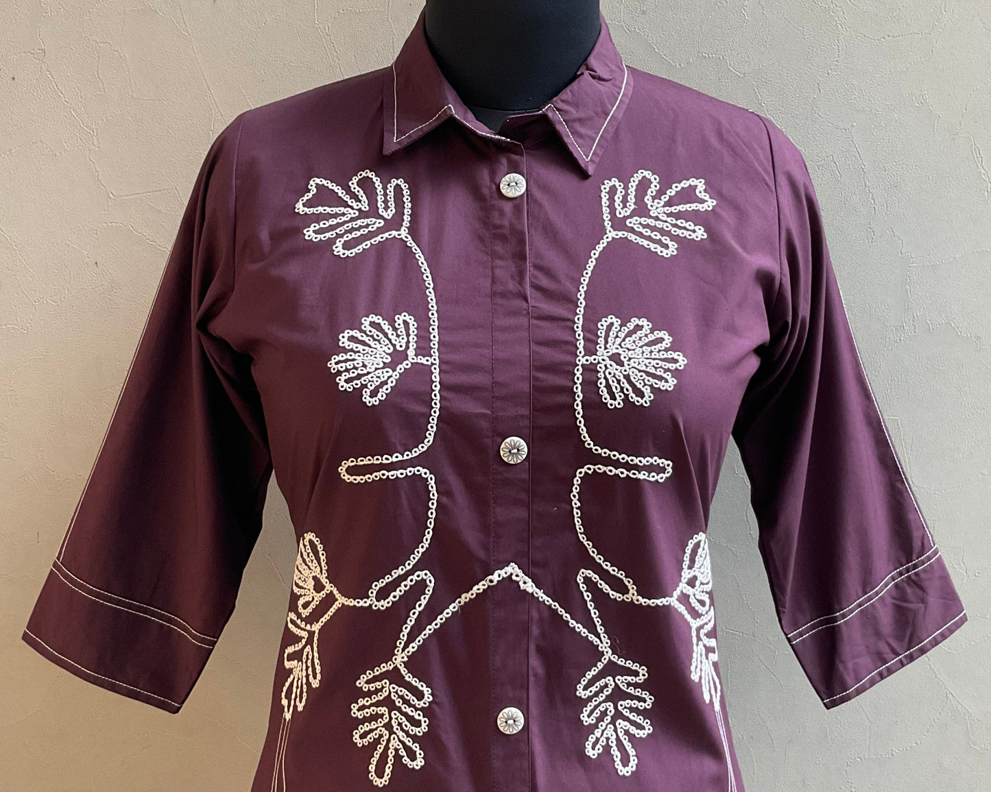 WINE THREAD EMBROIDERED ALINE DRESS