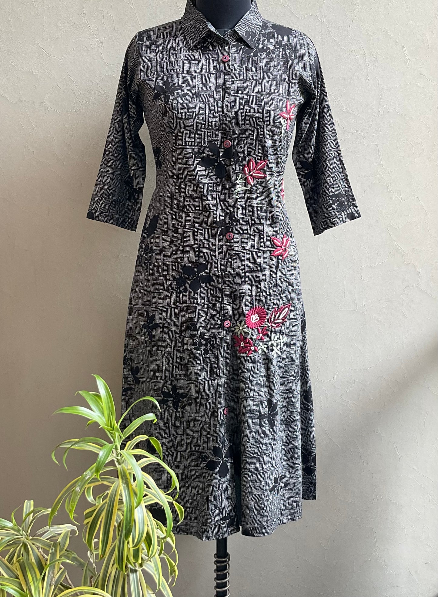 BLACK THREAD EMBROIDERED ALINE DRESS