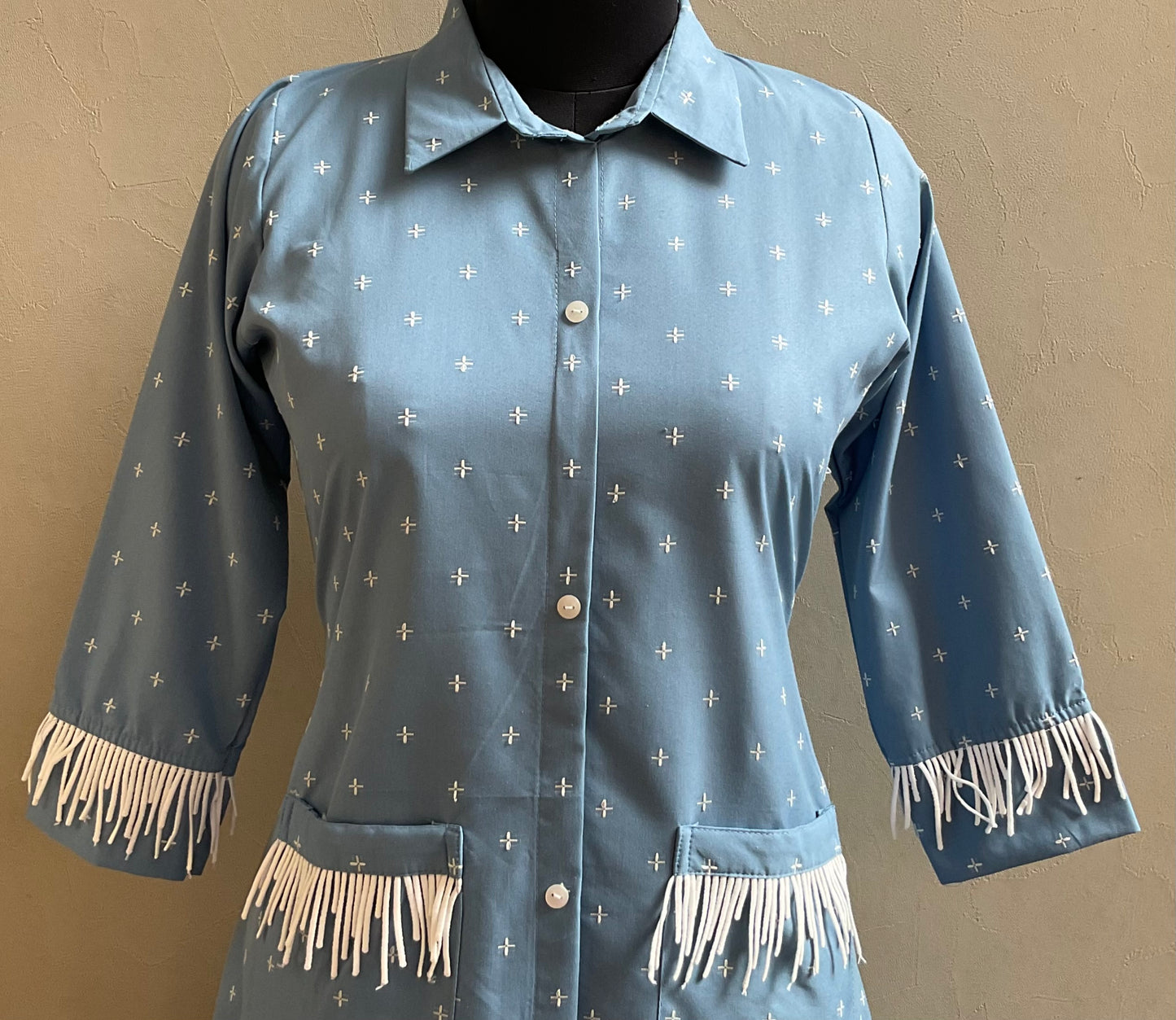 DENIM BLUE LACED ALINE DRESS