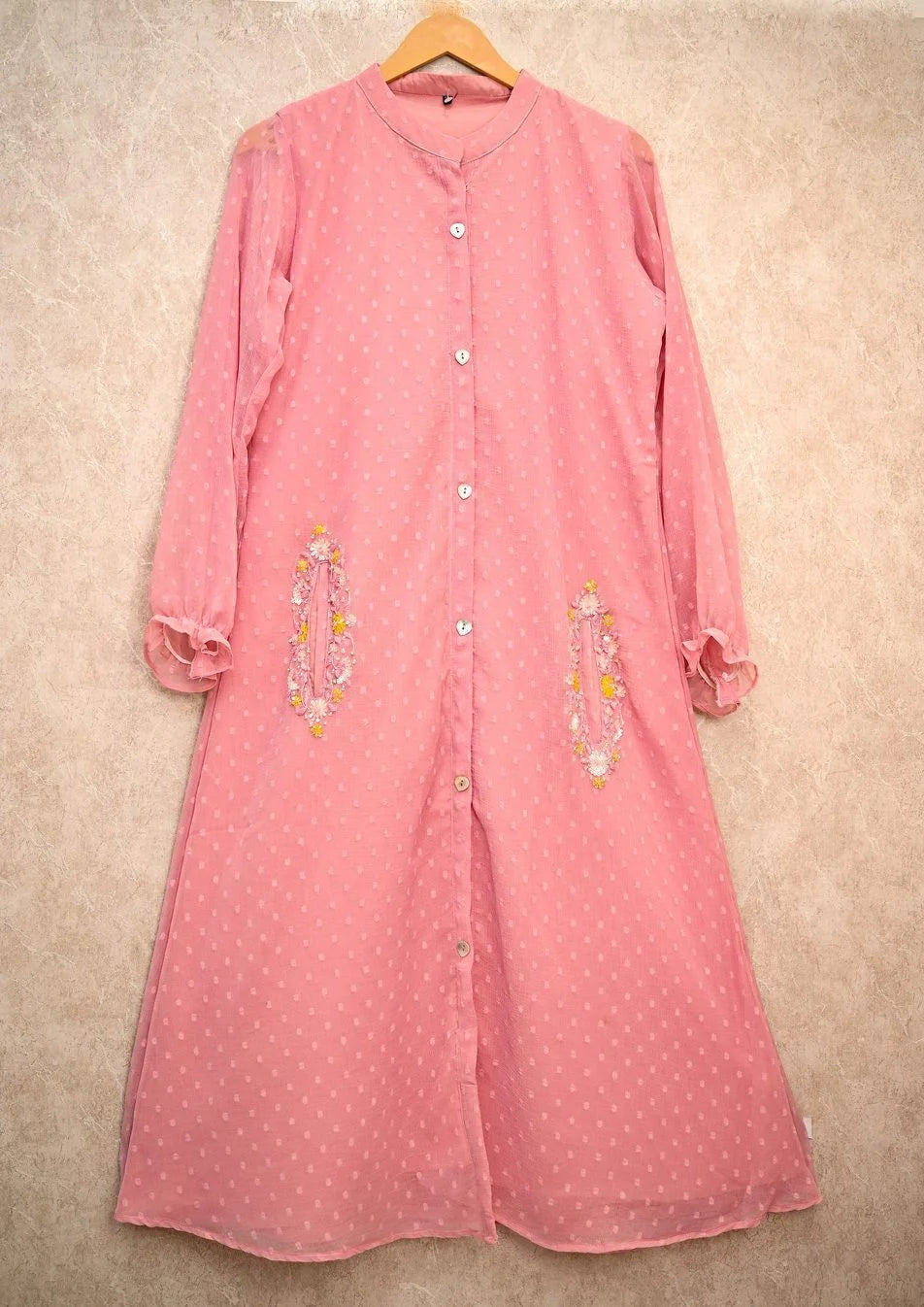 LIGHT PINK CHIFFON HAND EMBROIDERED ALINE DRESS