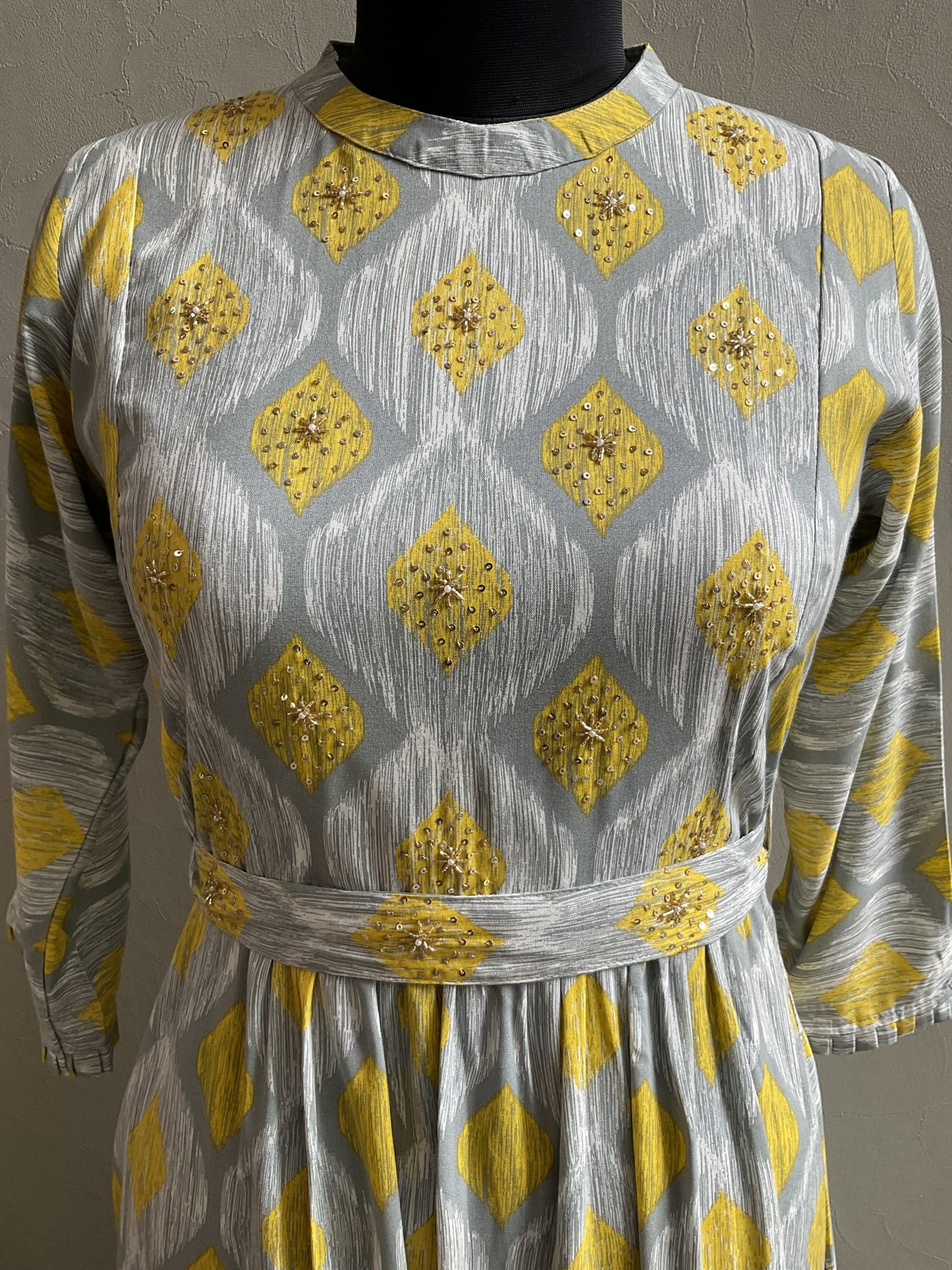 GREY SEQUENCED COWL PATTERN ALINE DRESS