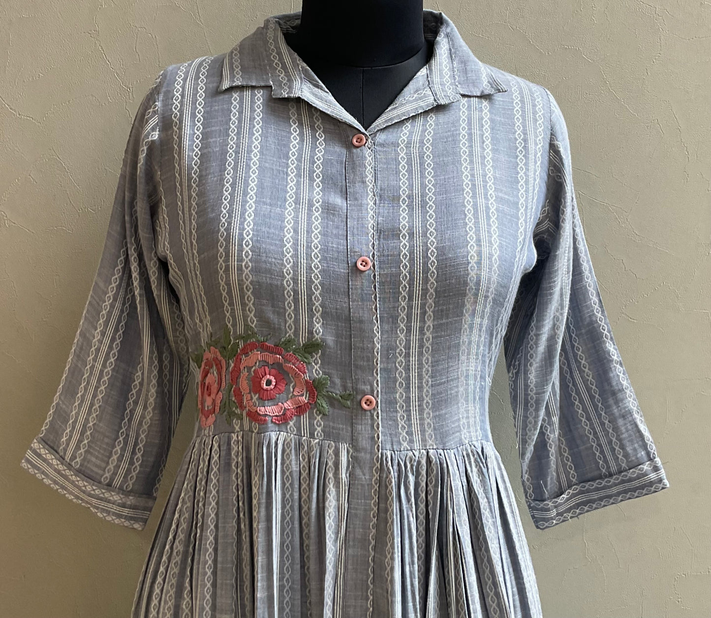 GREY THREAD EMBROIDERED ALINE DRESS