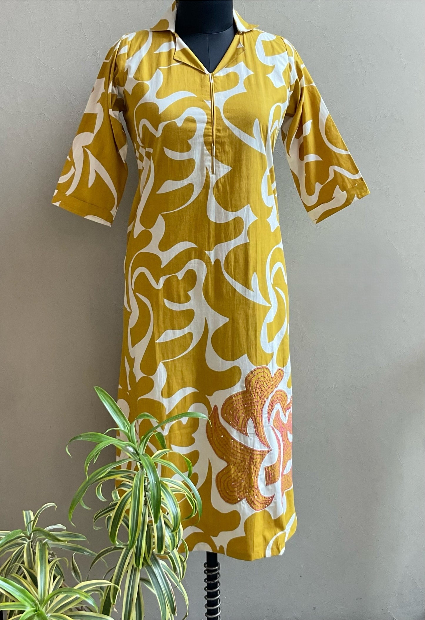MUSTARD KATHA STICHED ALINE DRESS