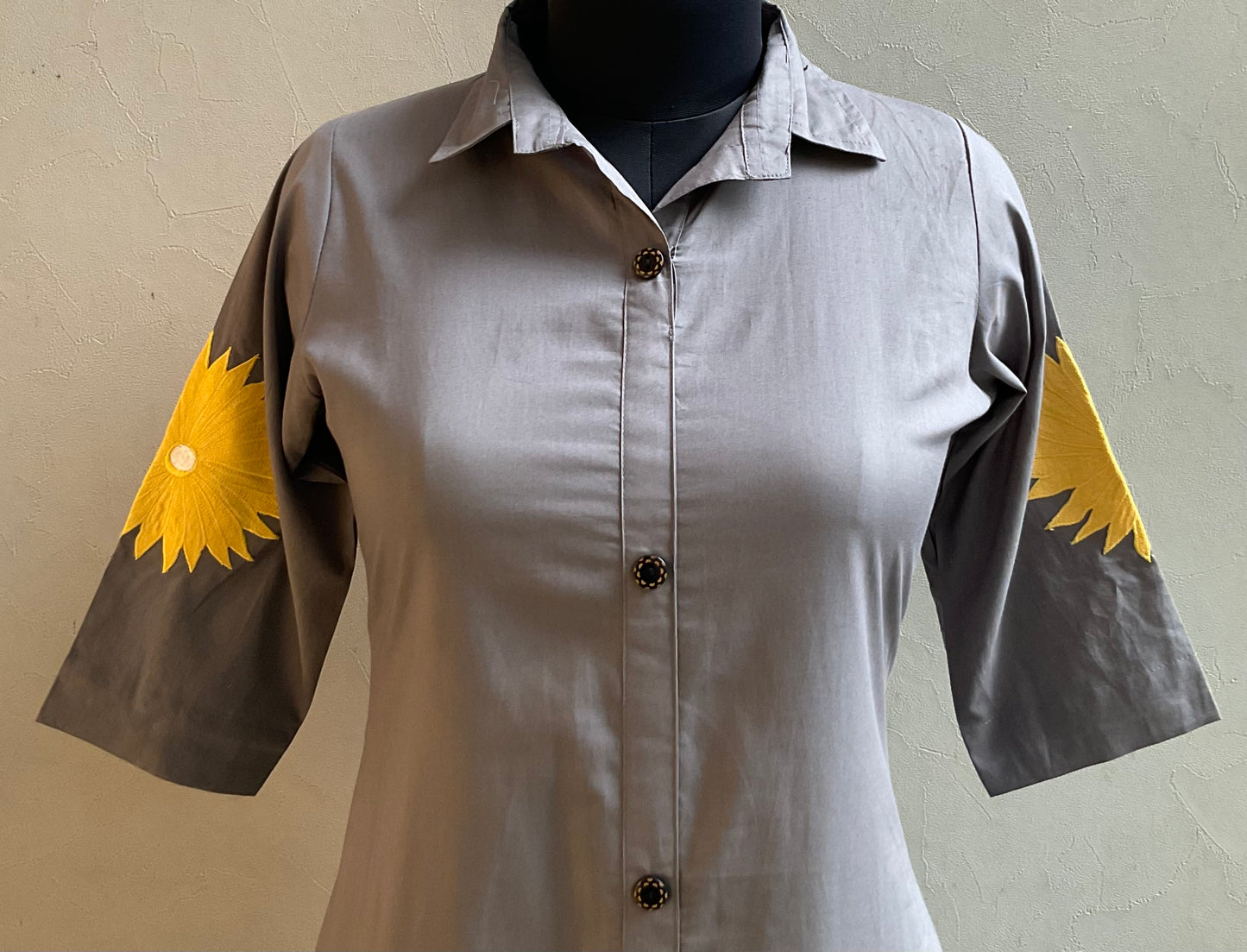 GREY SUNFLOWER EMBROIDERED ALINE DRESS