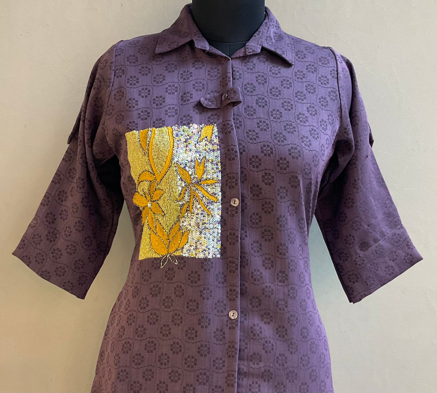 PURPLE VISCOSE CLOTH EMBROIDERED ALINE DRESS