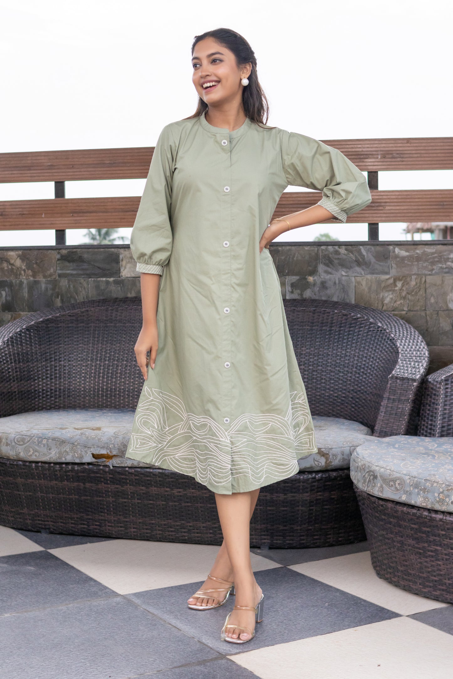 PISTA GREEN DORI WORKED ALINE DRESS