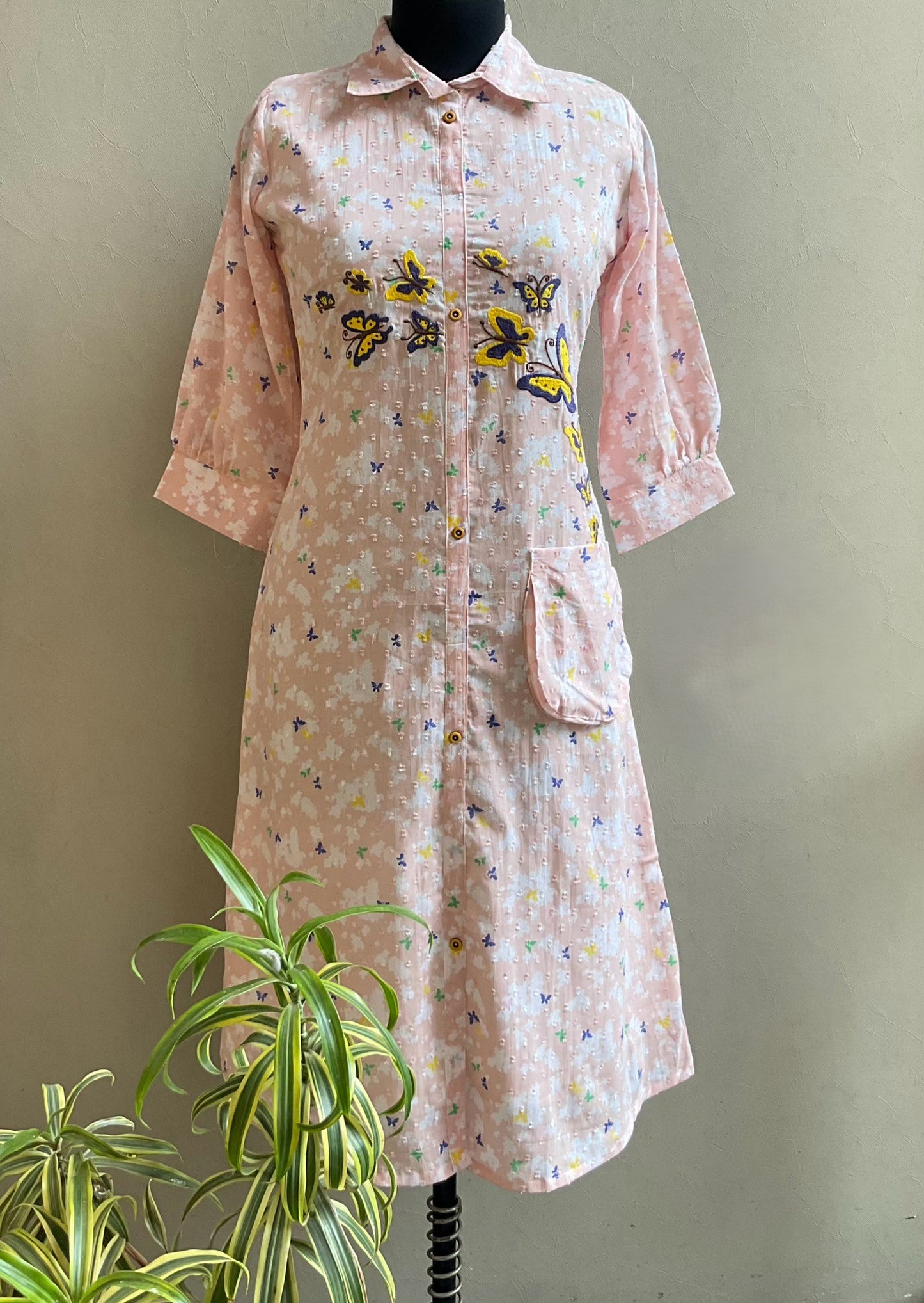 LIGHT PEACH BUTTERFLY EMBROIDERED ALINE DRESS