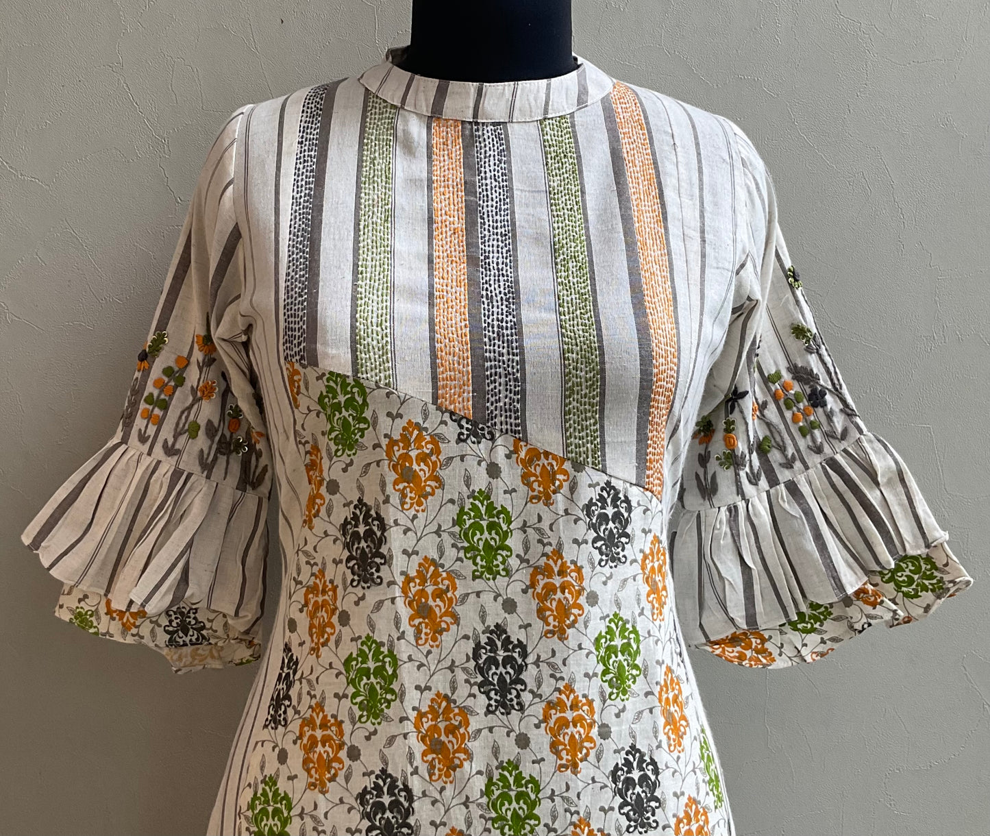 OFF WHITE KATHA STICHED ALINE DRESS