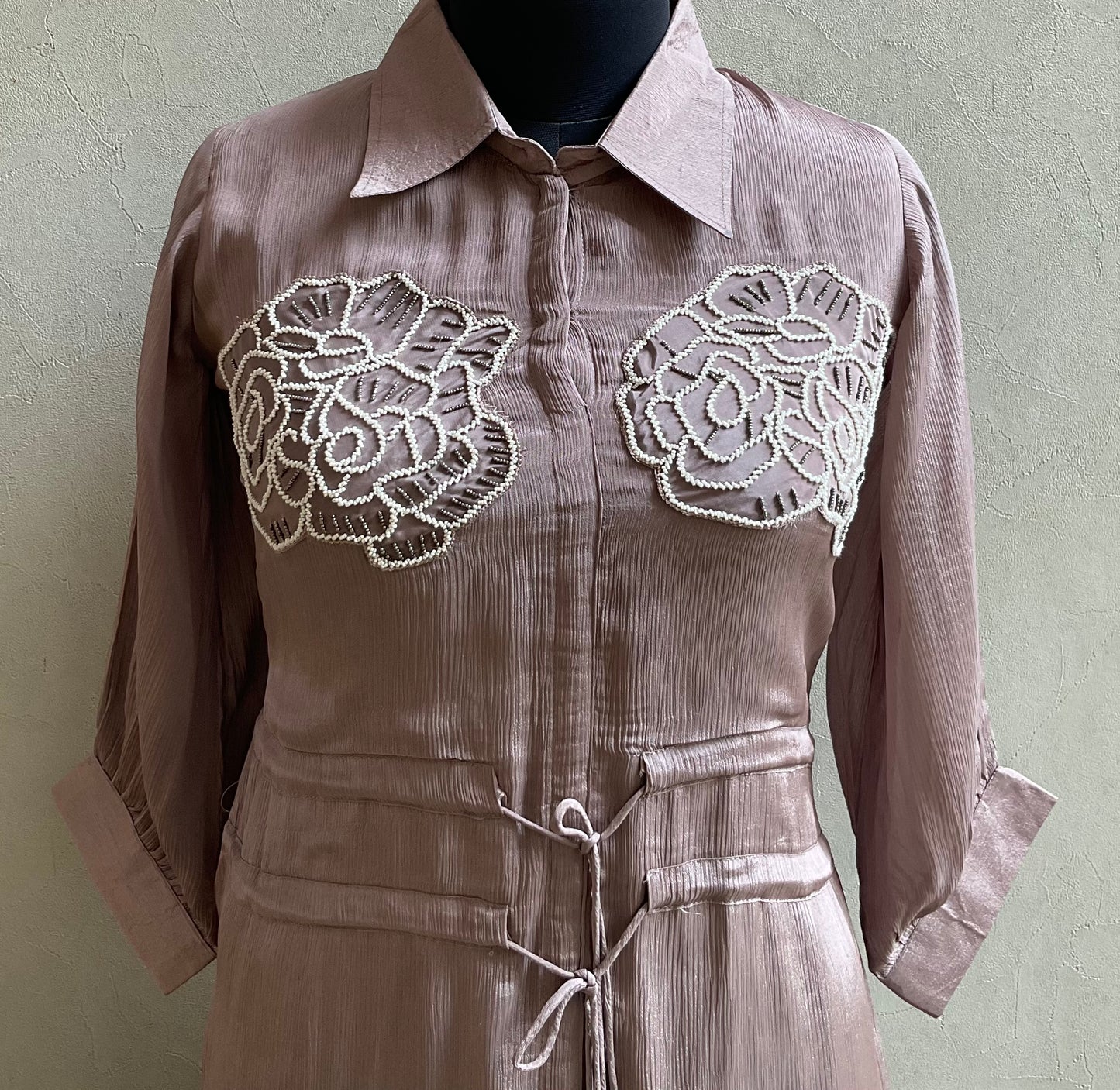 LIGHT BROWN EMBROIDERED PATCH ALINE DRESS
