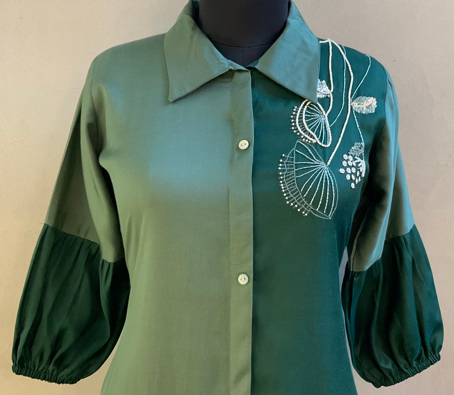 DARK GREEN DUET BEADS EMBROIDERED ALINE DRESS