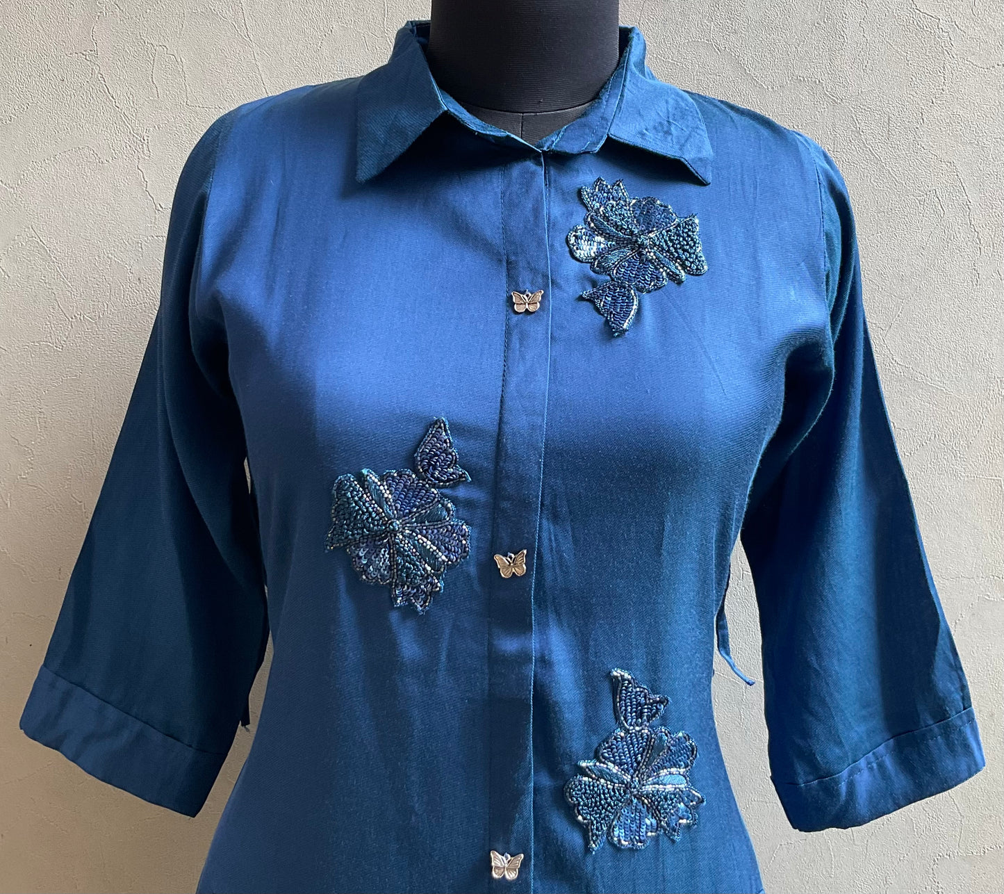BLUE EMBROIDERED ALINE DRESS