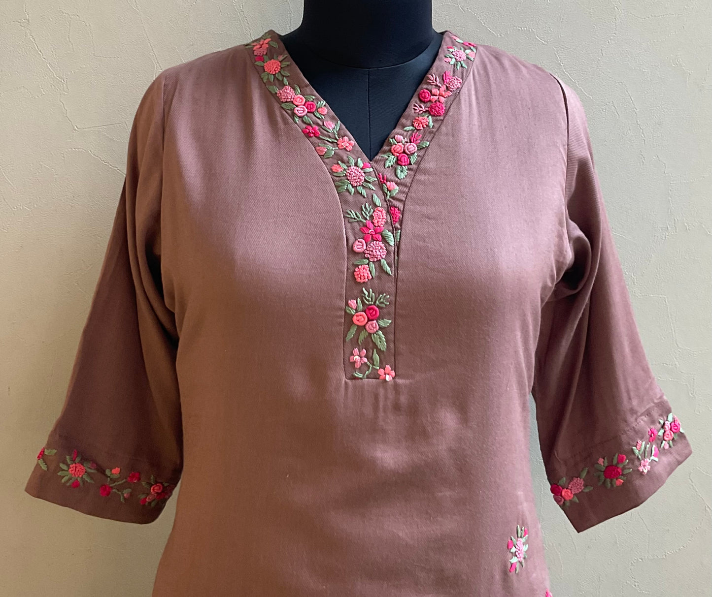 LIGHT BROWN HAND EMBROIDERED KURTA PANT