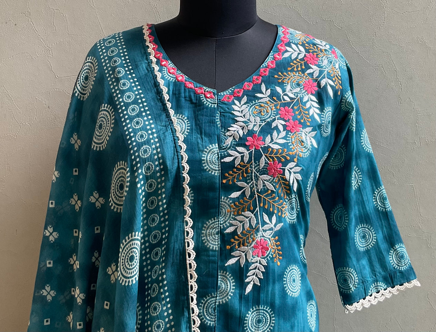TEAL BLUE ONE SIDE EMBROIDERED KURTA SET