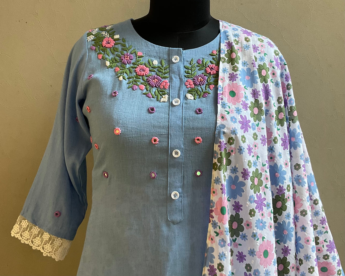 SKY BLUE HAND EMBROIDERED KURTA SET