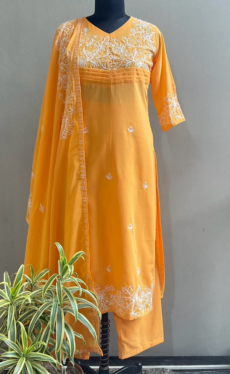 ORANGE THREAD EMBROIDERED KURTA SET