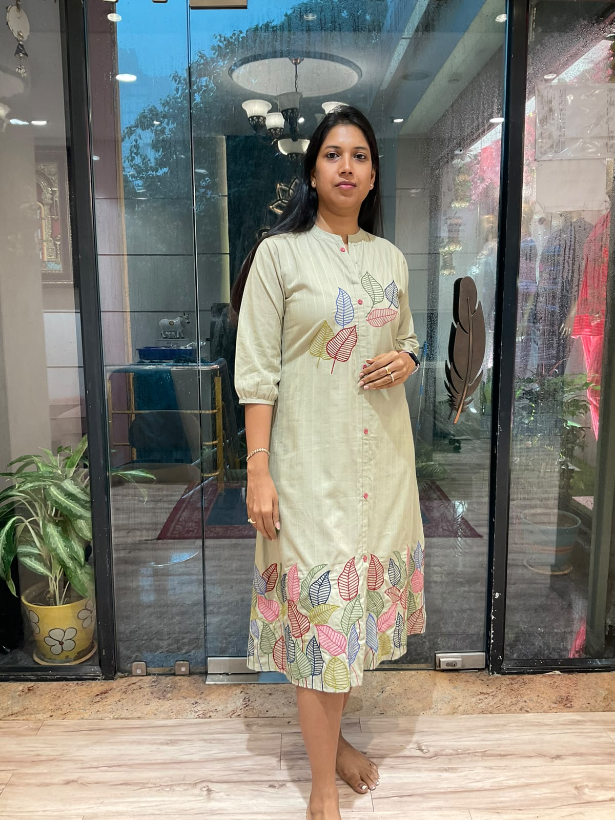 OLIVE MUD GREEN THREAD EMBROIDERED ALINE DRESS