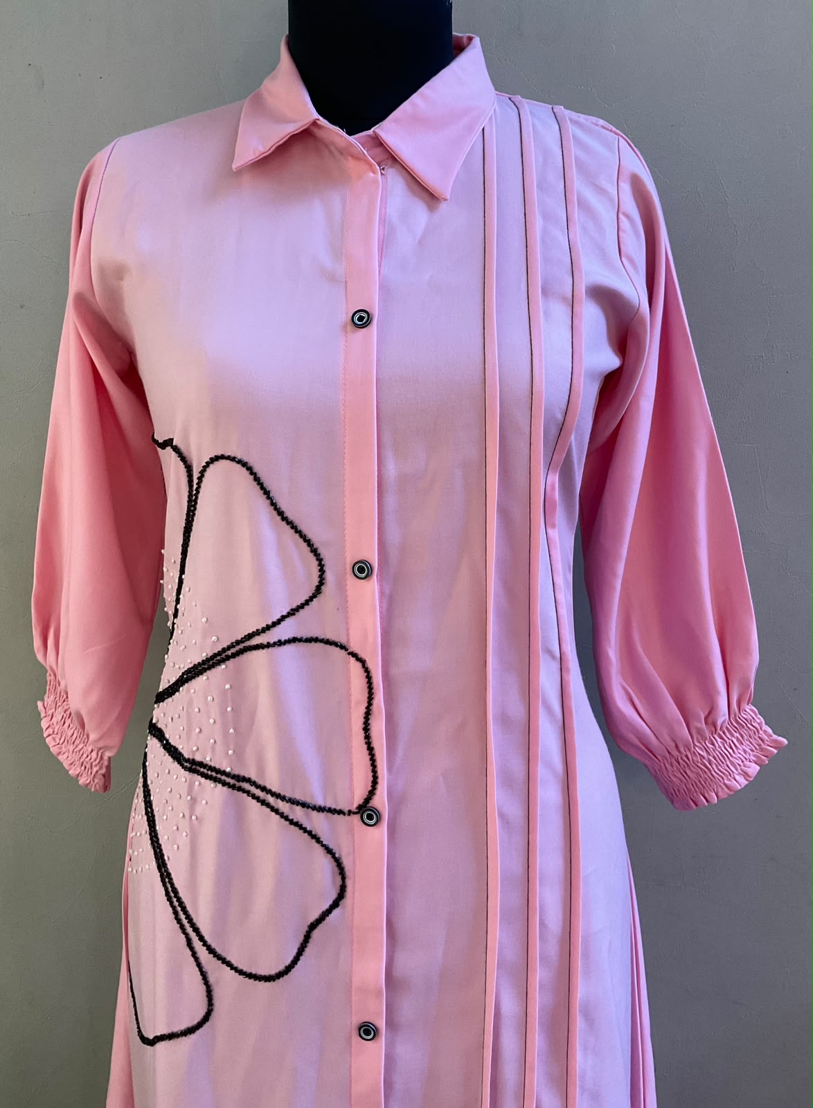 LIGHT PINK ONE SIDE FLORAL DETAILING ALINE DRESS