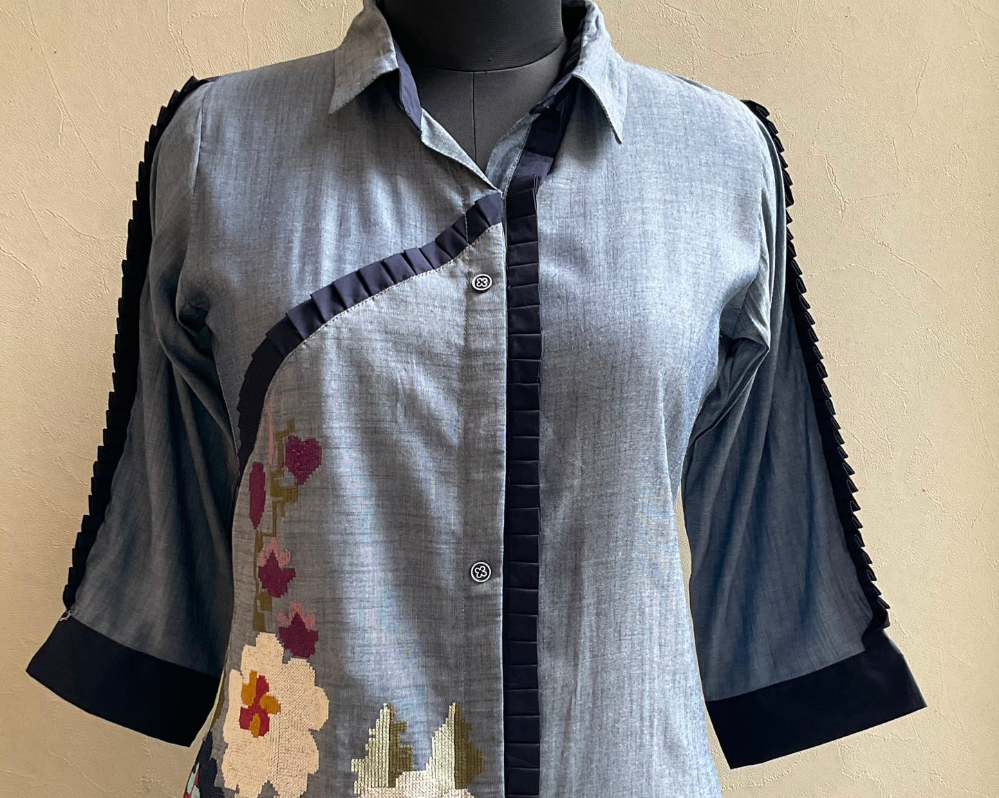 DENIM CROSS STICHED ALINE DRESS