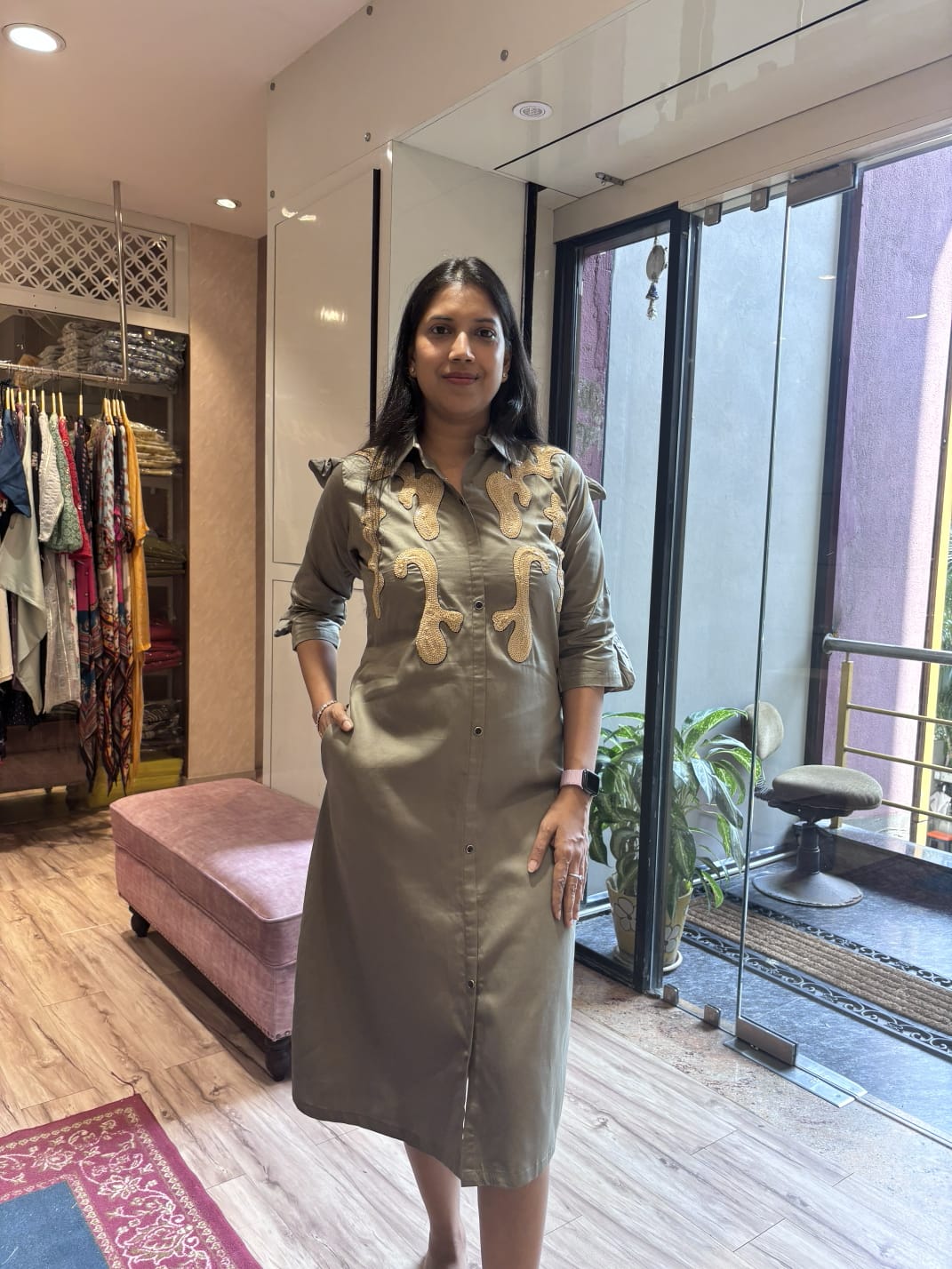 MUD GREEN SEQUENCED ALINE DRESS