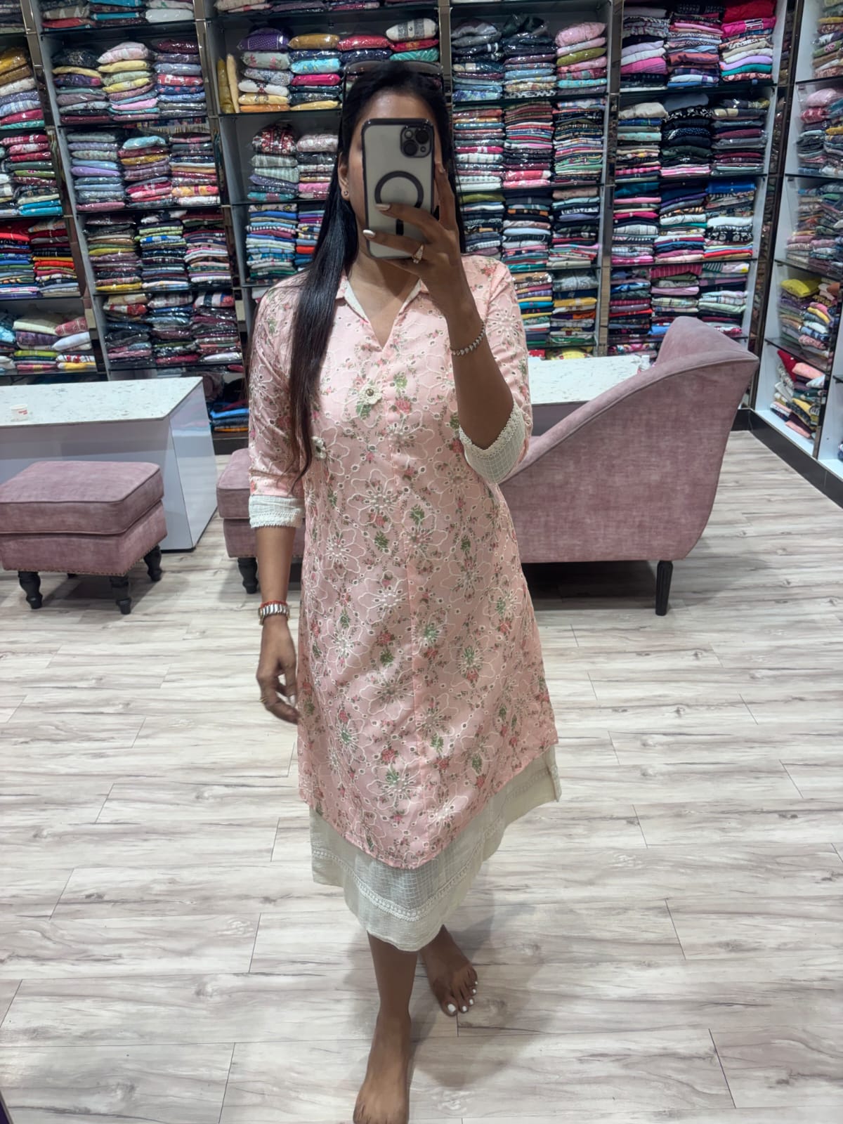 PEACH HAKOBA FLORAL PATCHED ALINE DRESS