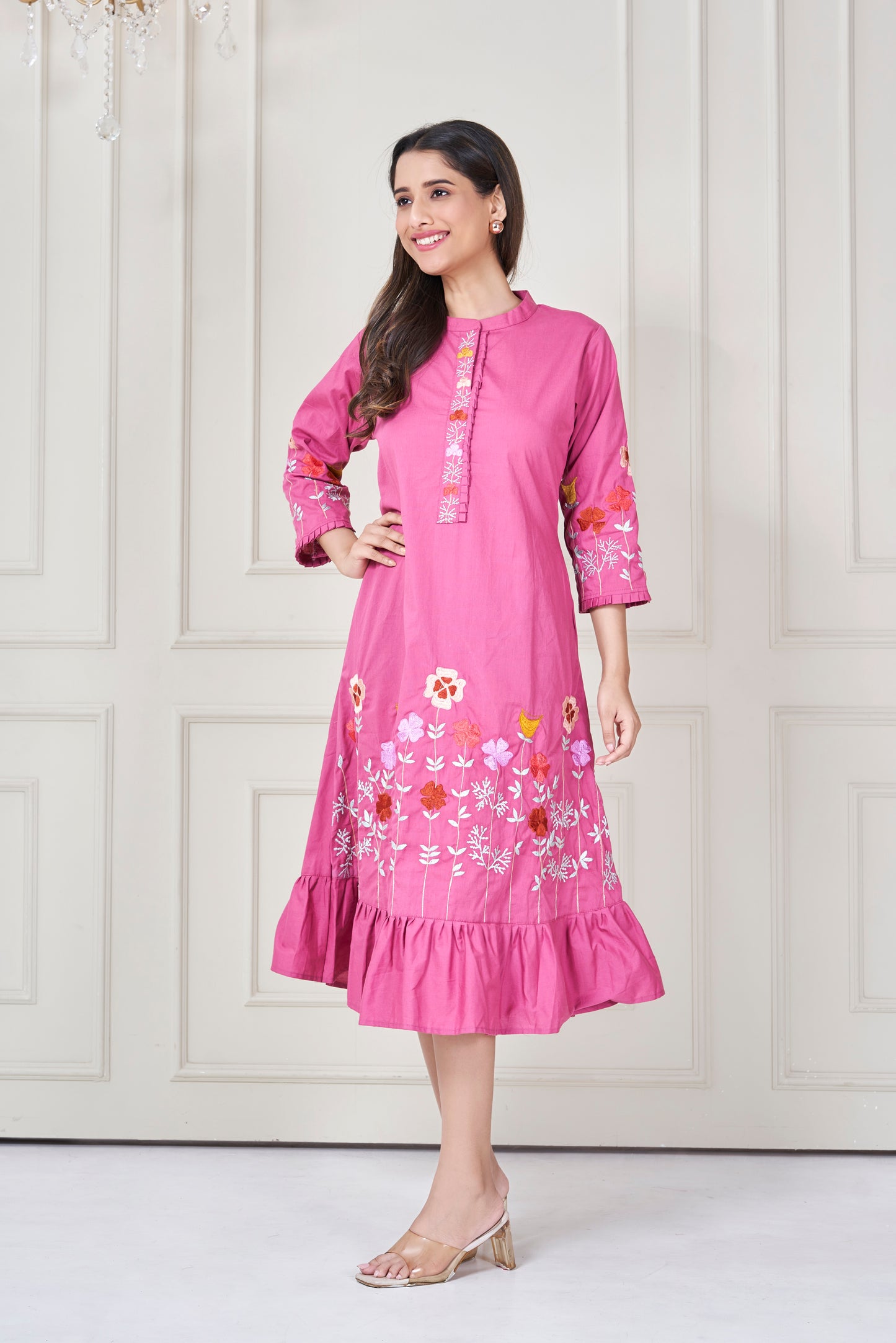 MAGENTA PINK EMBROIDERED FRILL ALINE DRESS