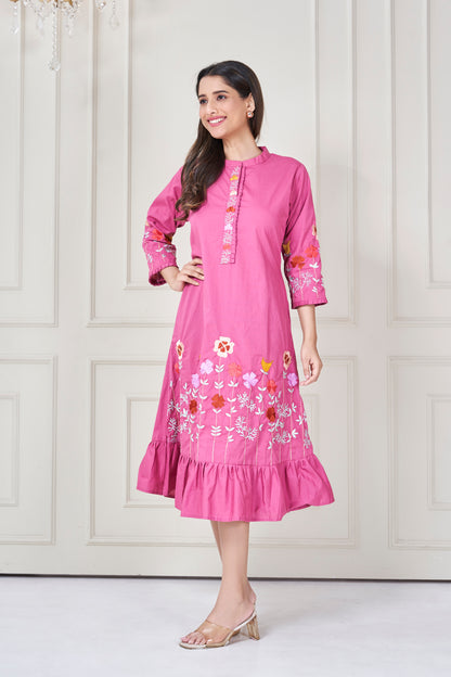 MAGENTA PINK EMBROIDERED FRILL ALINE DRESS