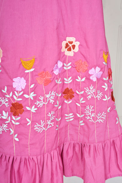 MAGENTA PINK EMBROIDERED FRILL ALINE DRESS