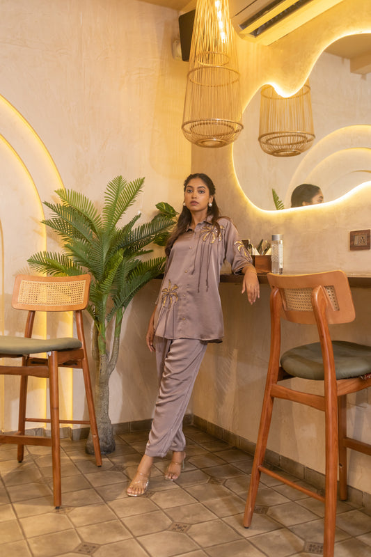 PURPLISH BROWN SATIN CO-ORD SET