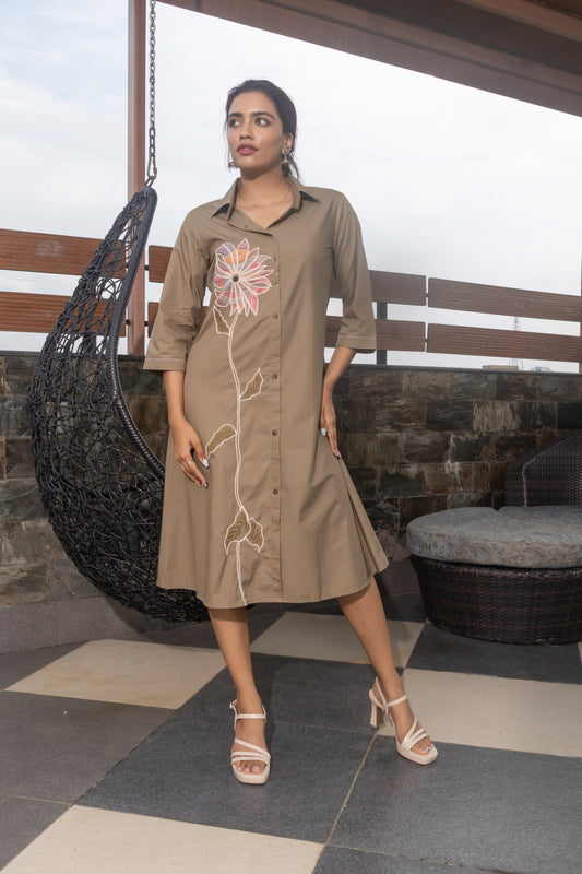 OLIVE GREEN APPLIQUE ALINE DRESS