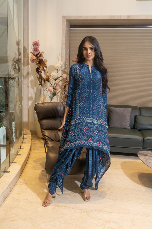 BLUE DIGITAL PRINTED TALE CUT CO-ORD SET